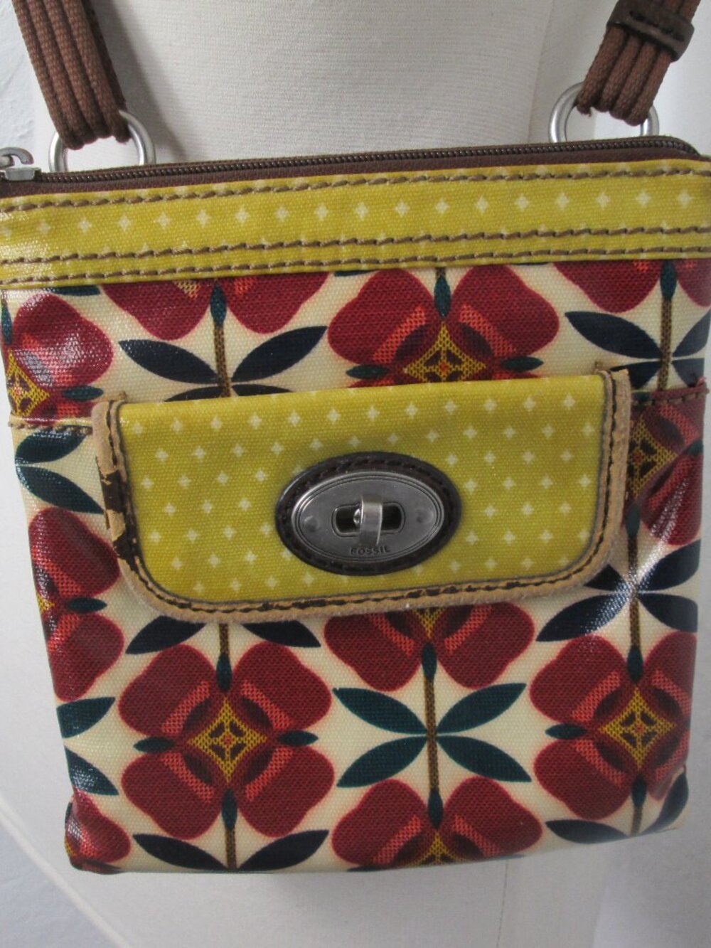 Vintage Fossil Key-Per Purse Coated Canvas Floral Print Cross-Body Purse Bag